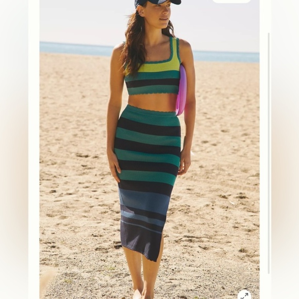 Anthropologie Green and Blue Striped Midi Skirt